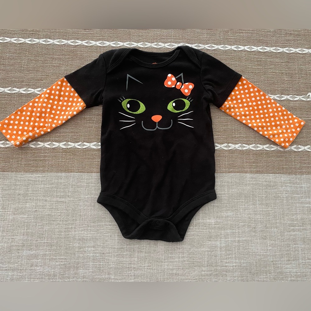 Black Cat One Piece Bodysuit with Orange Polka Dot Sleeves 18m